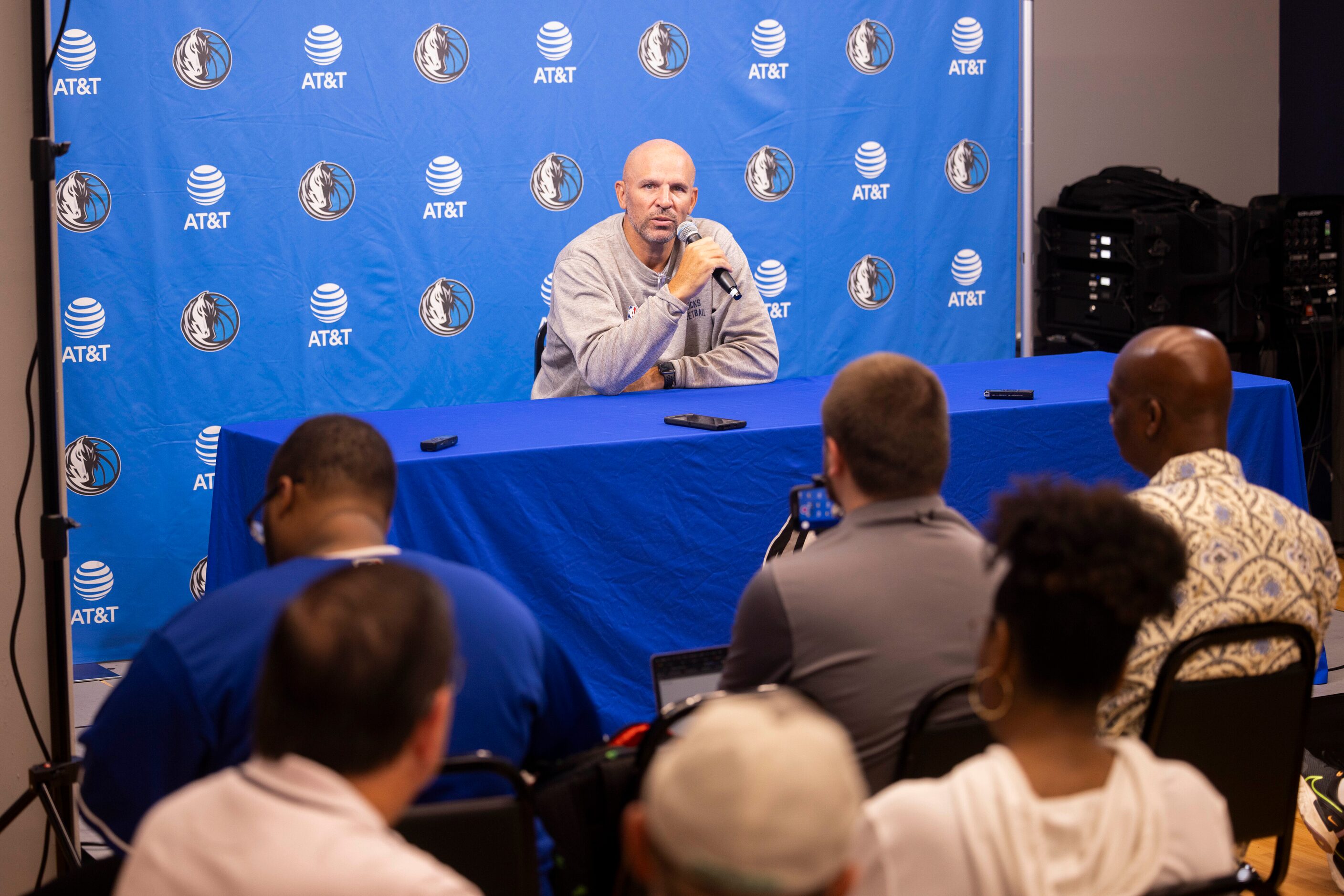 Dallas Mavericks head coach Jason Kidd speaks to reporters at the Mavericks Training Center...