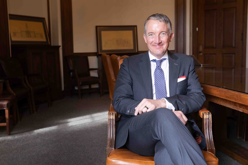 University of Texas President Jay Hartzell poses for a photo at Dallas Hall following a...