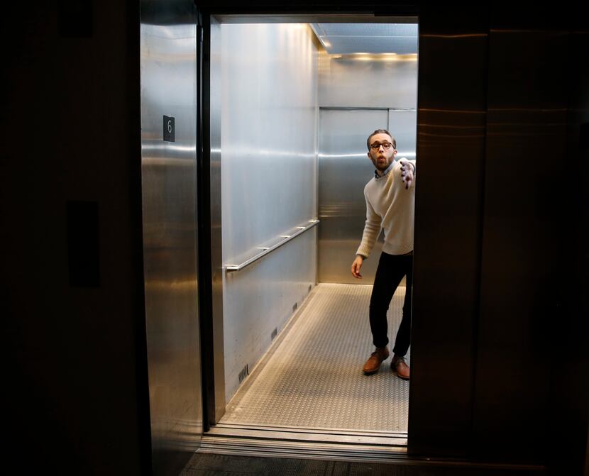 Jake Nice, producer and director of the play, "Slide By," clowns around in the Wyly Theatre...