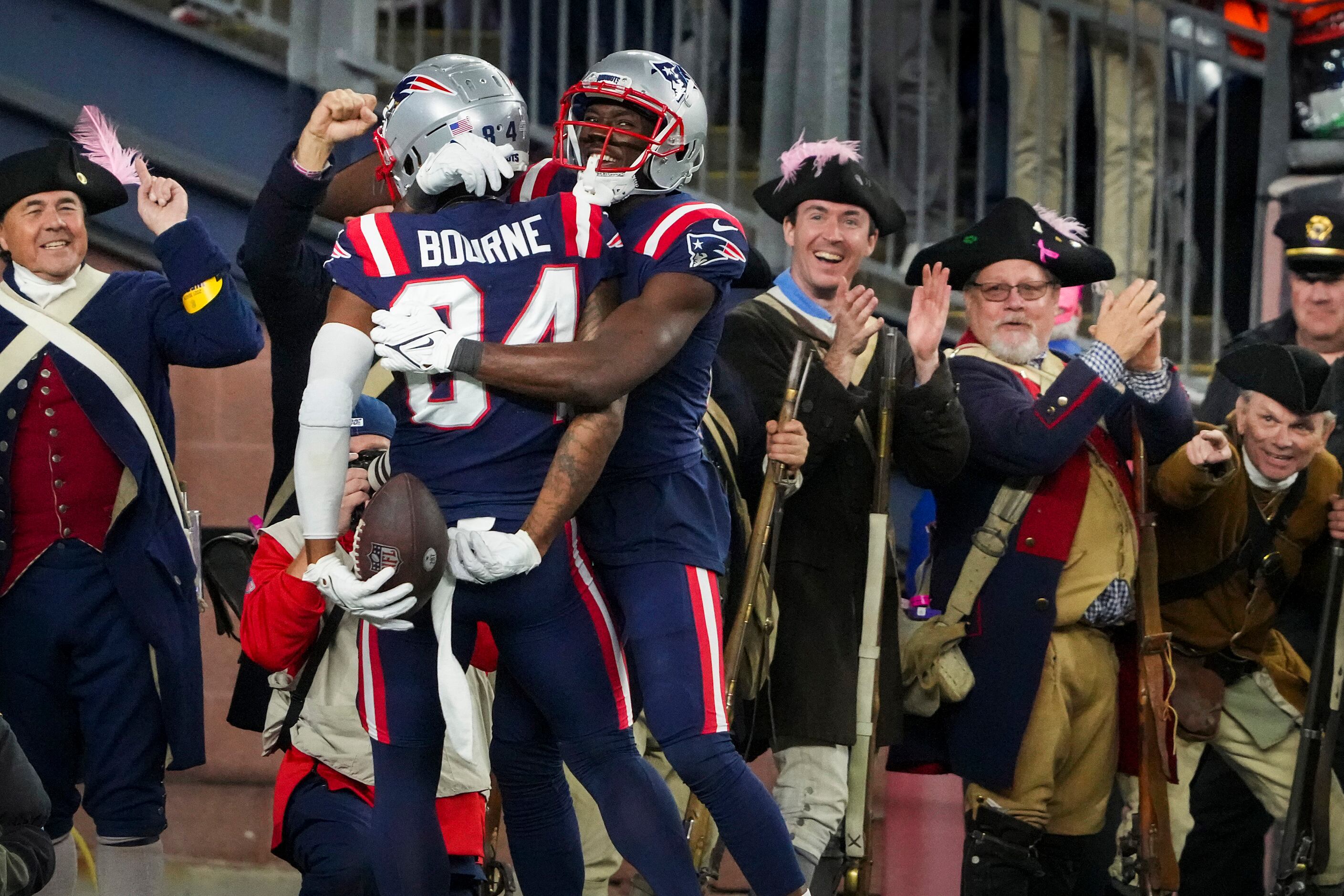New England Patriots wide receiver Kendrick Bourne (84) celebrates with wide receiver...
