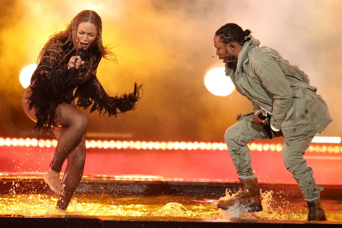 Beyonce, left, and Kendrick Lamar perform “Freedom” at the BET Awards at the Microsoft...