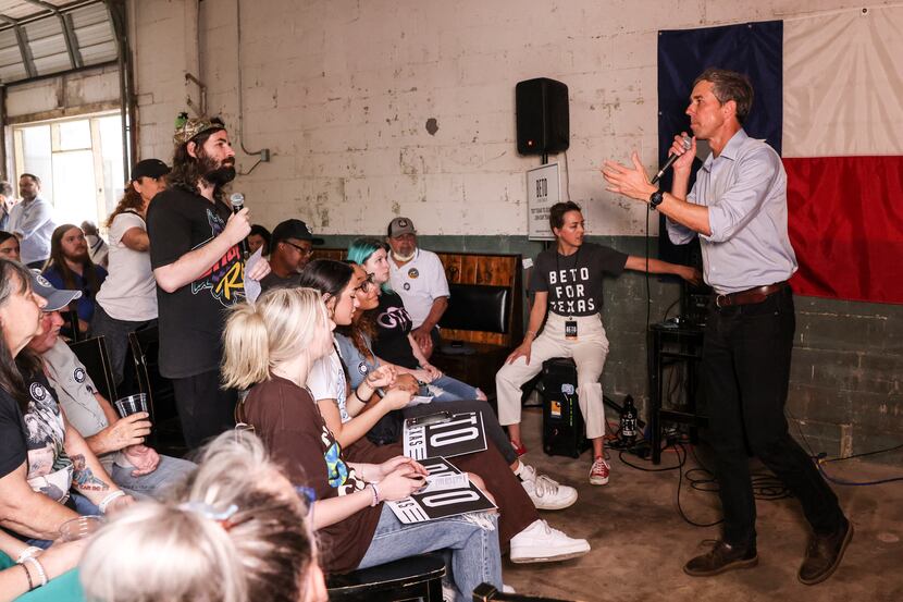 Beto O'Rourke answers a question from the crowd on Thursday, April 21, 2022 at 903 Brewers...