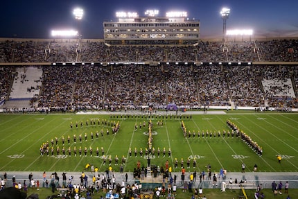 The Grambling State marching band forms “214” as a salute to Dallas during halftime of the...