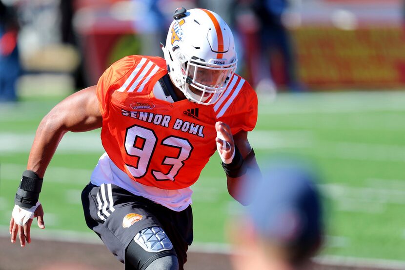 FILE - In this Jan. 23, 2018 file photo, South Squad defensive end Marcus Davenport, of...