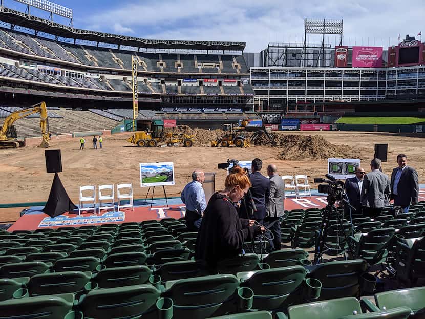 The media begin to gather prior to the Globe Life Park construction press conference.