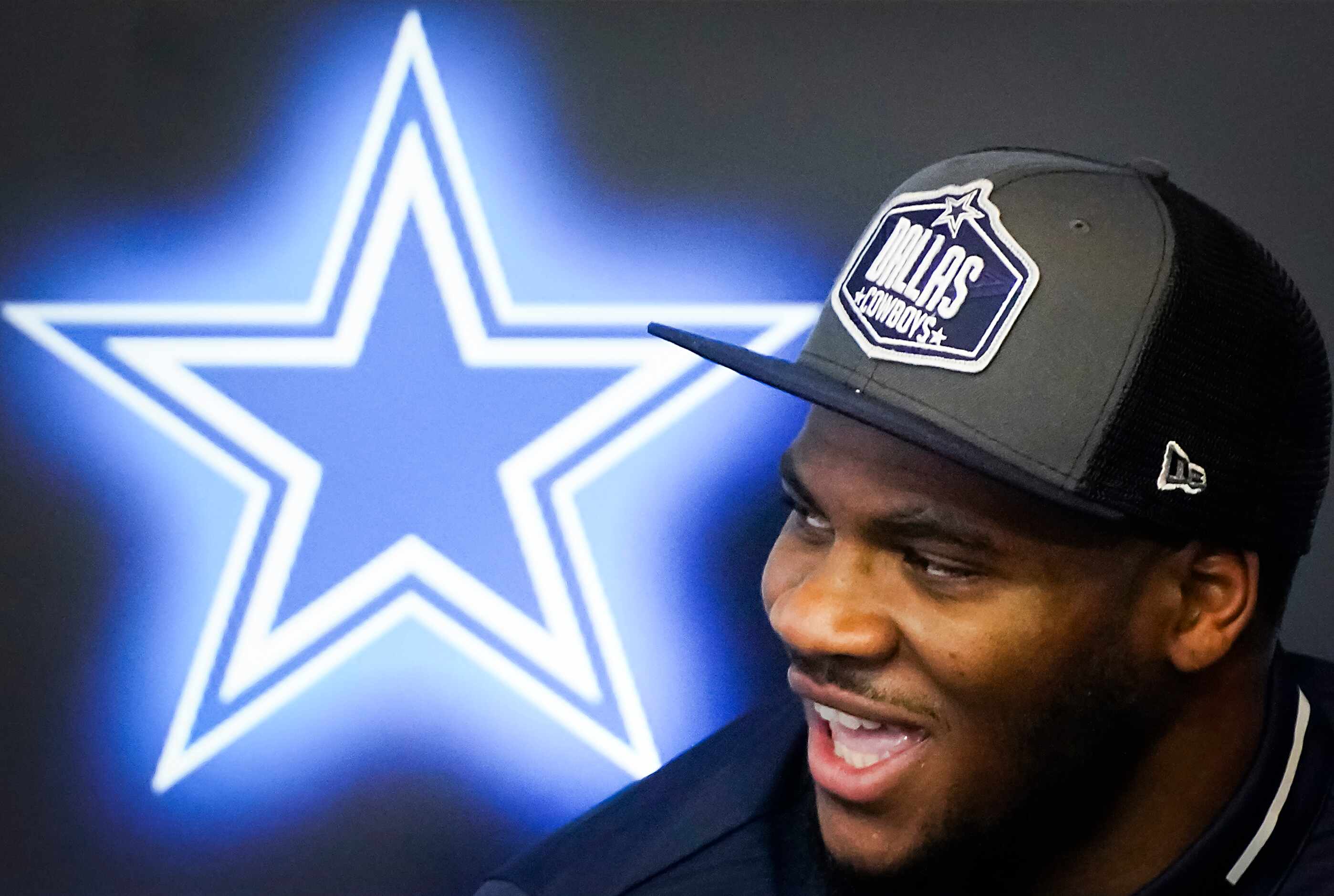 Dallas Cowboys first-round draft pick Micah Parsons laughs during a press conference...