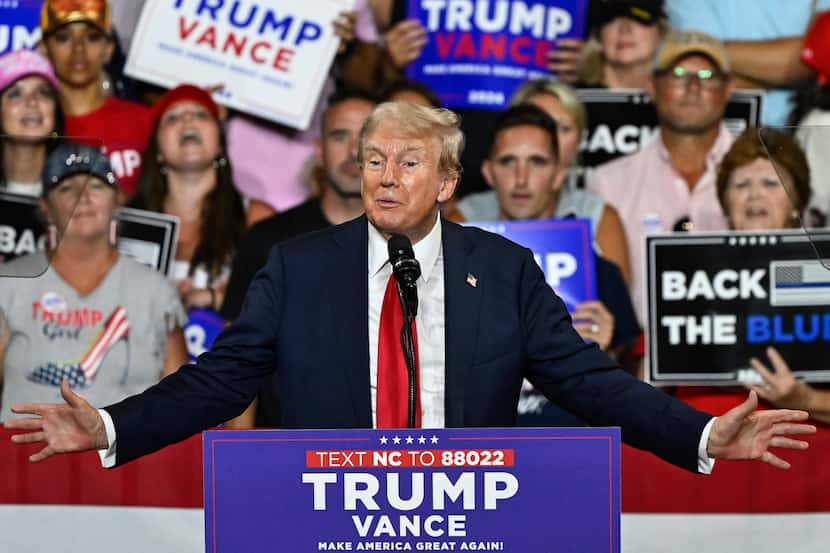 Republican presidential candidate former President Donald Trump speaks at a campaign rally...