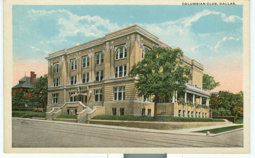 Postcard featuring the facade of Columbian Club at Ervay and Pocahontas Streets, date...
