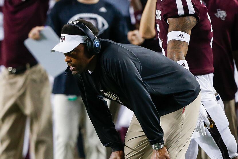 COLLEGE STATION, TX - NOVEMBER 11: Head coach Kevin Sumlin of the Texas A&M Aggies looks on...