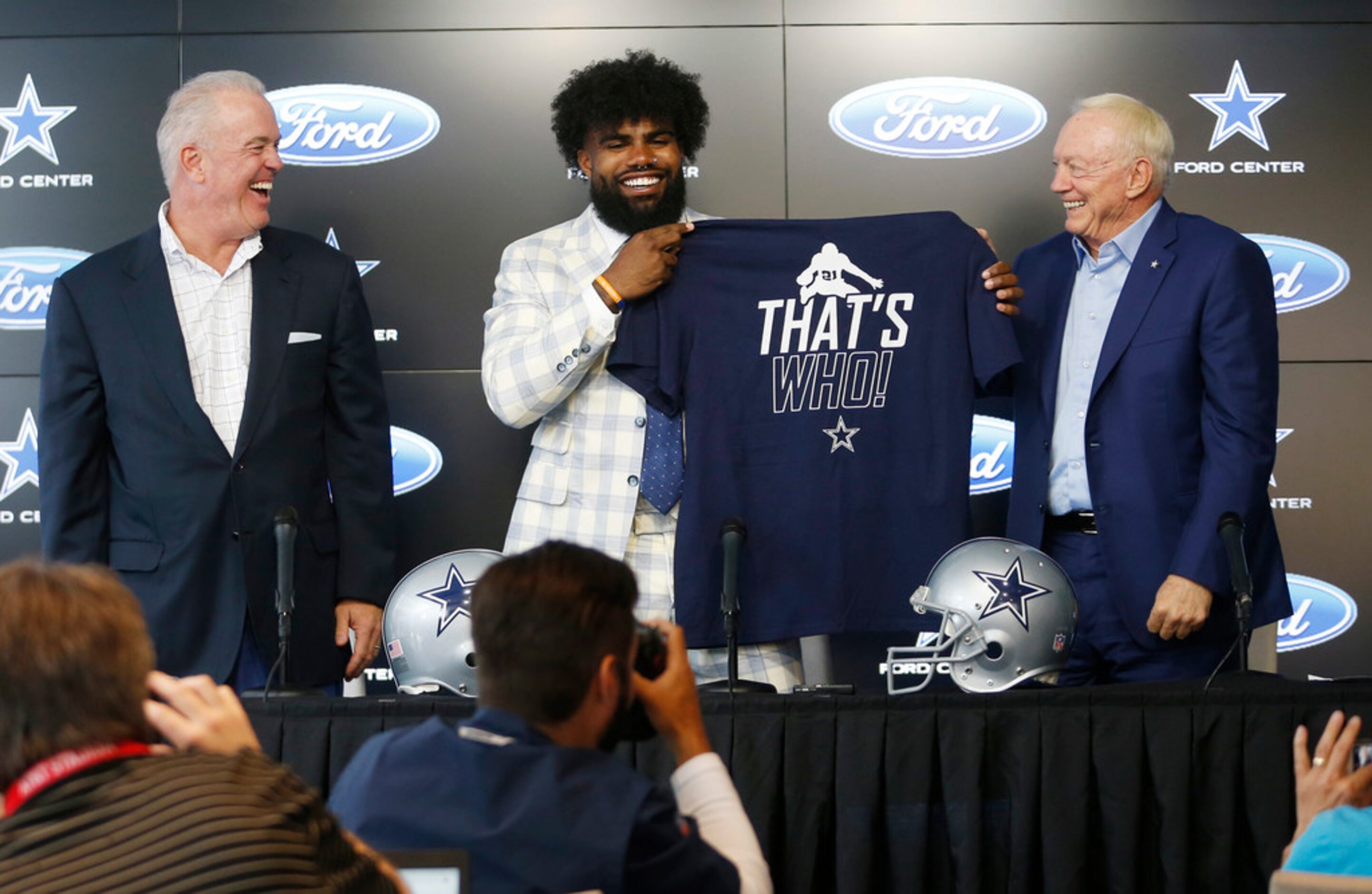 Dallas Cowboys owner and general manager Jerry Jones and Dallas Cowboys running back Ezekiel...