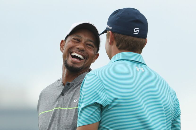 NASSAU, BAHAMAS - DECEMBER 03:  Tiger Woods of the United States and Jordan Spieth of the...