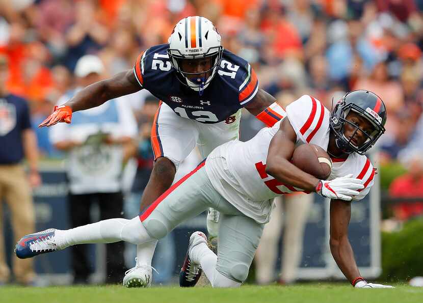 AUBURN, AL - OCTOBER 07:  Van Jefferson (#12) of the Mississippi Rebels fails to pull in...