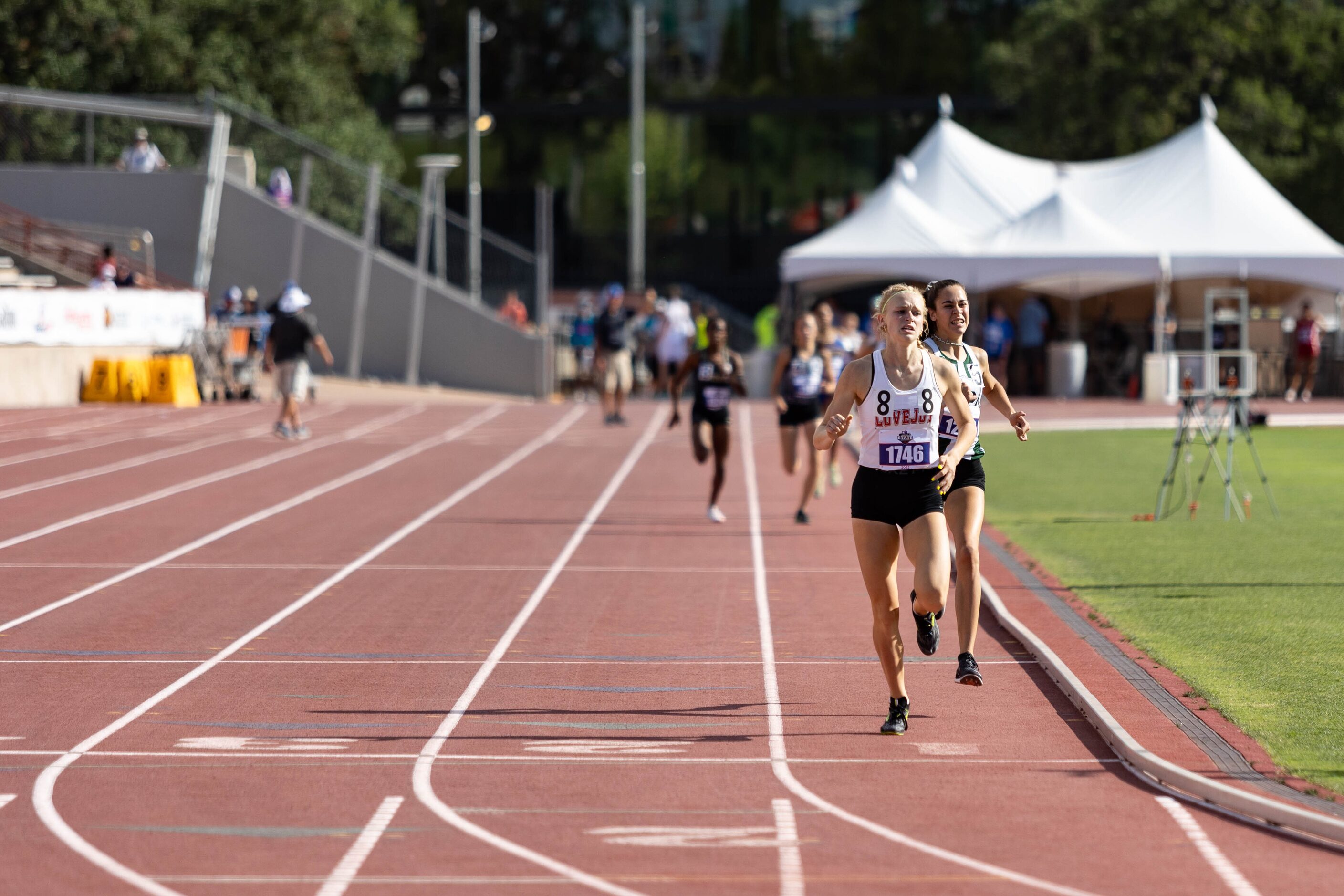 Kailey Littlefield of Lucas Lovejoy wins the girls’ 800m race at the UIL Track & Field State...