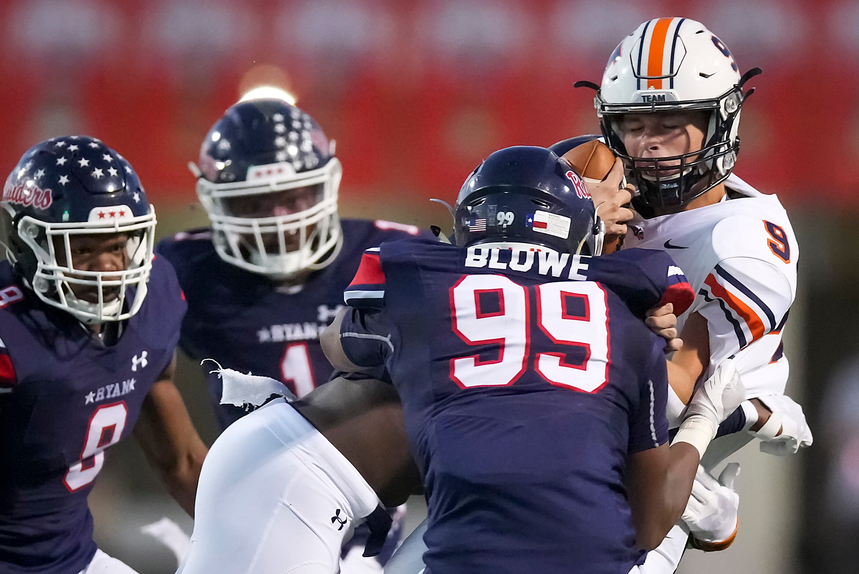 Frisco Wakeland quarterback Brennan Myer (9) is sacked by Denton Ryan defensive tackle...