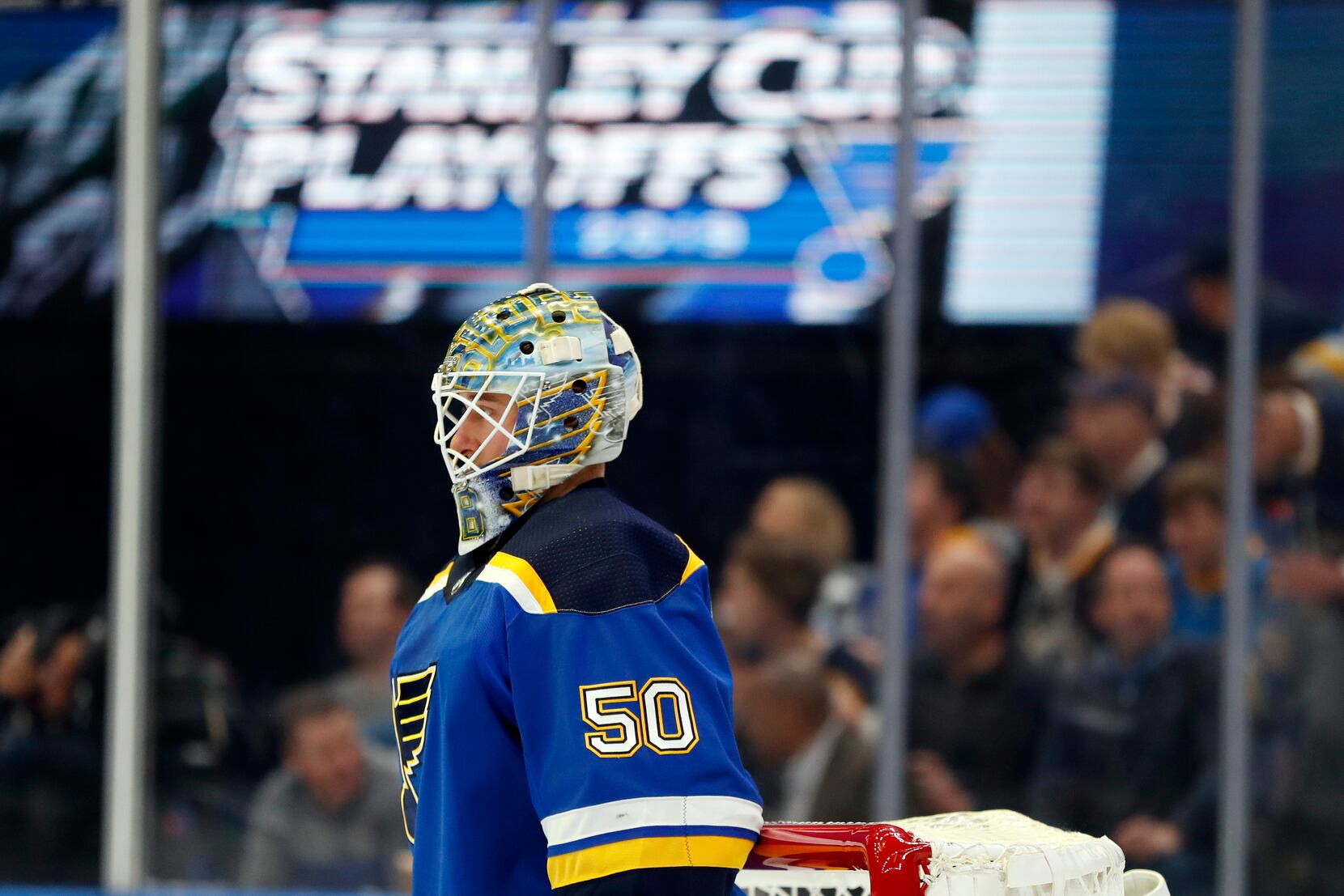 April 16, 2019: St. Louis Blues goalie Jordan Binnington (50) during the  fourth game of the first round of the NHL Stanley Cup Playoffs game between  the Winnipeg Jets and the St.