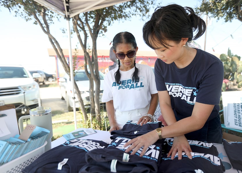 Candidate for Texas House, Averie Bishop, sorts through shirts with her mother Marevi at a...