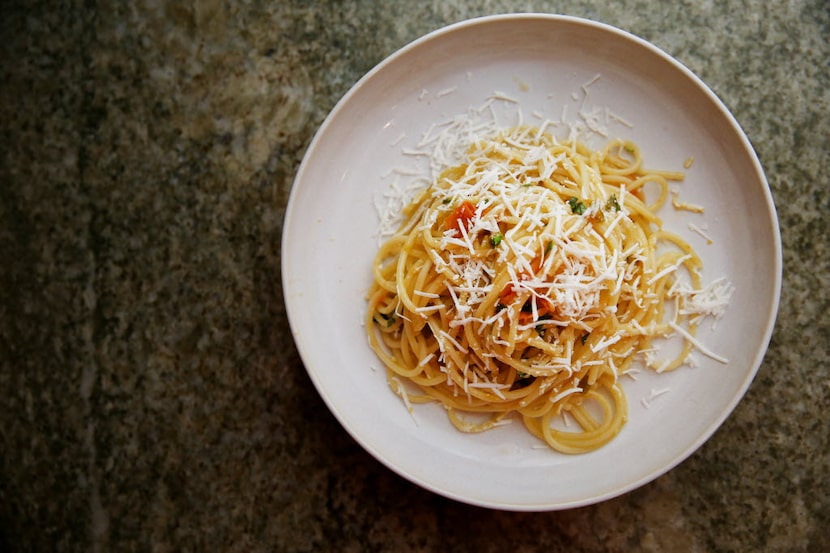 Spaghetti with Sun Gold Tomatoes, Pickled Jalapeño, Ricotta Salata and Basil