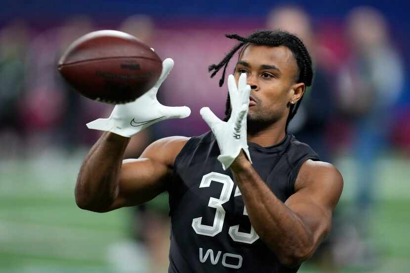 South Alabama wide receiver Jalen Tolbert catches a pass during a drill at the NFL football...