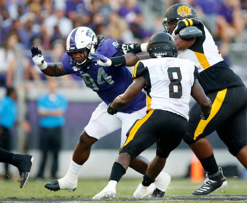 TCU Horned Frogs defensive tackle Corey Bethley (94) pass rushes the Arkansas-Pine Bluff...