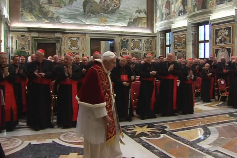 In this image from video, Pope Benedict XVI enters to deliver his final greetings to the...