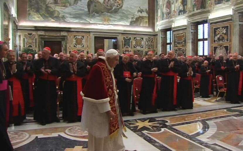 In this image from video, Pope Benedict XVI enters to deliver his final greetings to the...