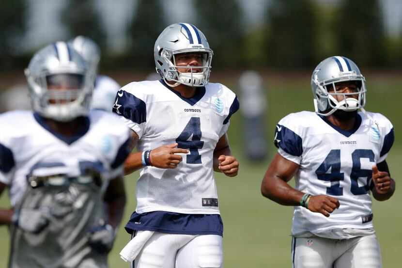 Dallas Cowboys quarterback Dak Prescott (4) runs the field with teammates during practice at...