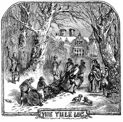 "Vintage engraving from 1864 of a group of Victorians bringing in the Yule log at Christmas...