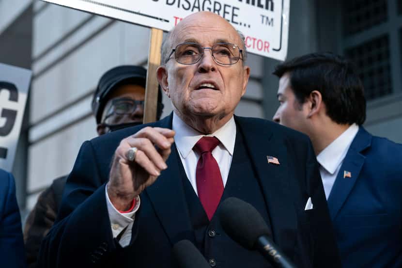Former Mayor of New York Rudy Giuliani speaks during a news conference outside the federal...