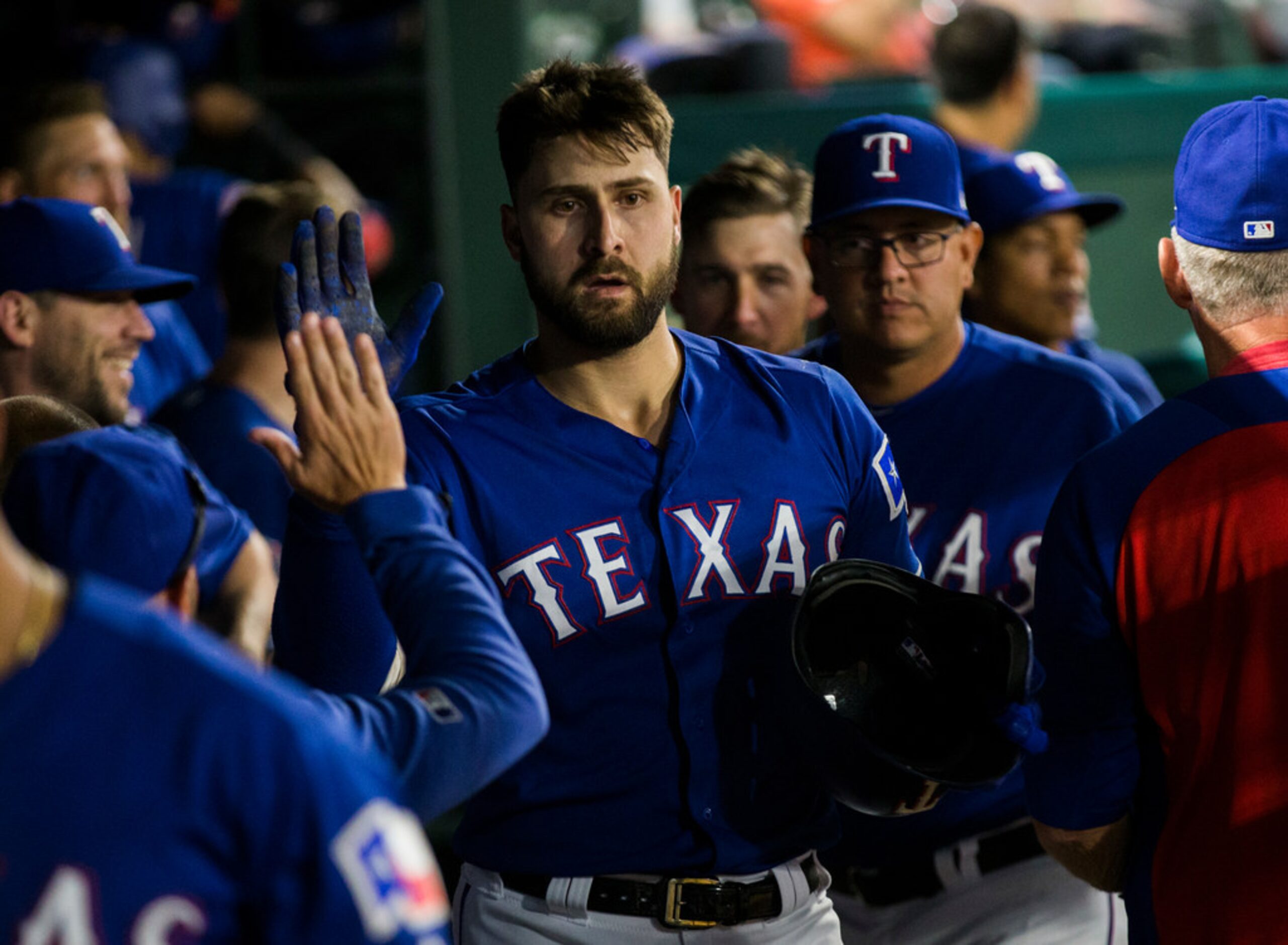 Texas Rangers center fielder Joey Gallo (13) celebrates a home run during the eighth inning...