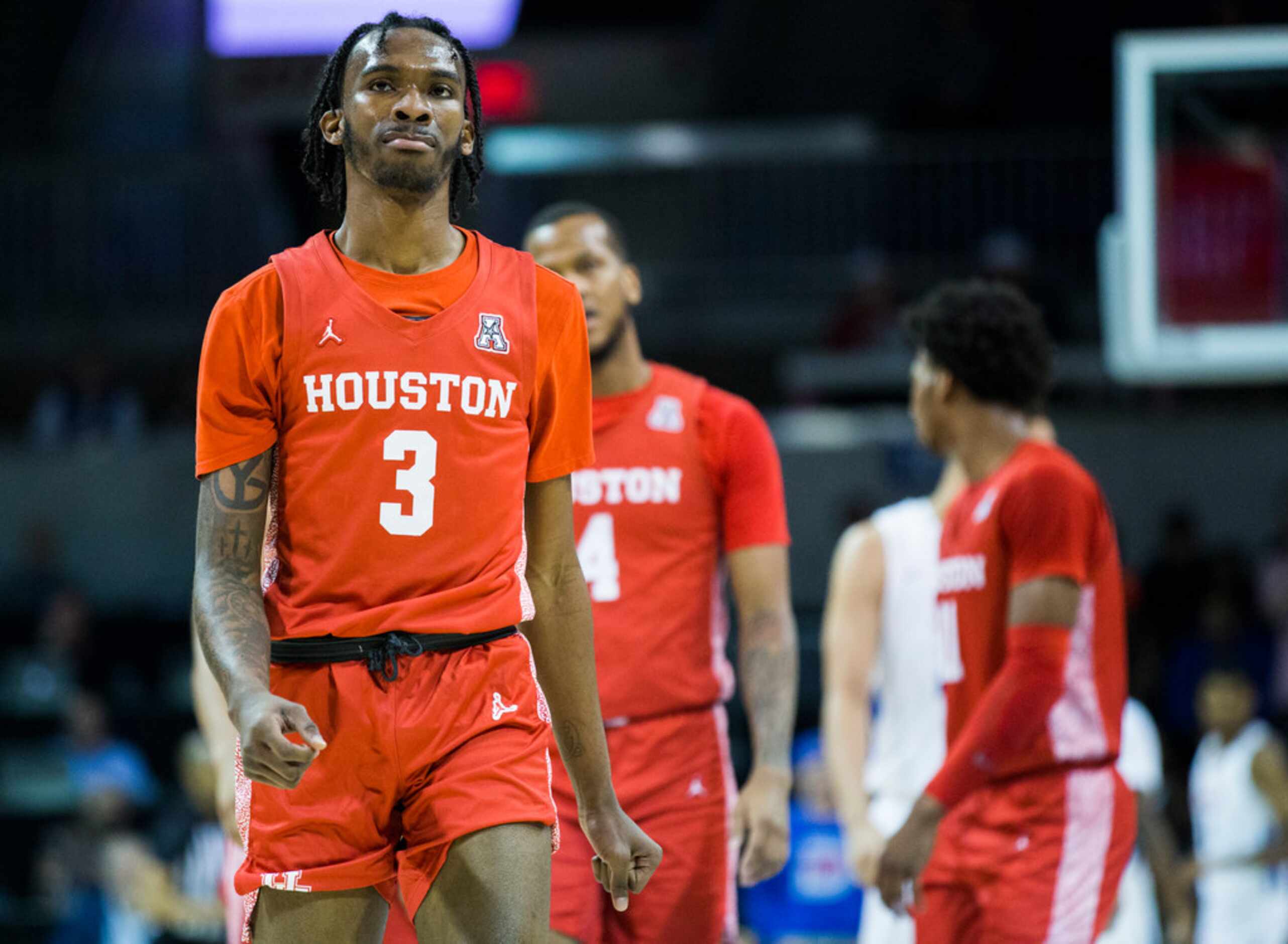 Houston Cougars guard DeJon Jarreau (3) shows frustration during the first half of a...