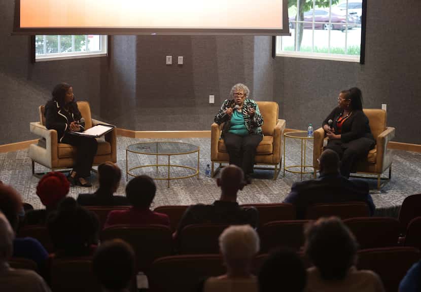 Opal Lee, center, speaks during an Honorary Degree Symposium at SMU's Frances Anne Moody...