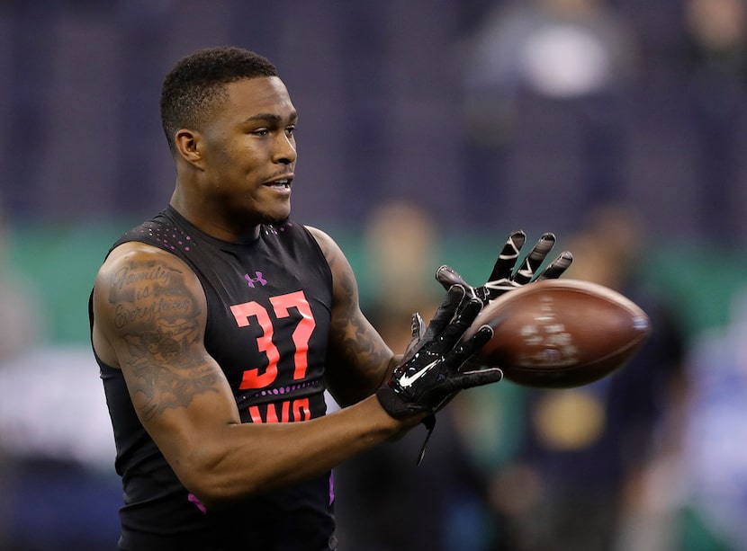 Florida State wide receiver Auden Tate runs a drill during the NFL football scouting...