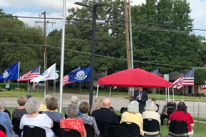 Daniel Murphy speaks at the flagpole dedication at Woodhaven Presbyterian Church in Irving...