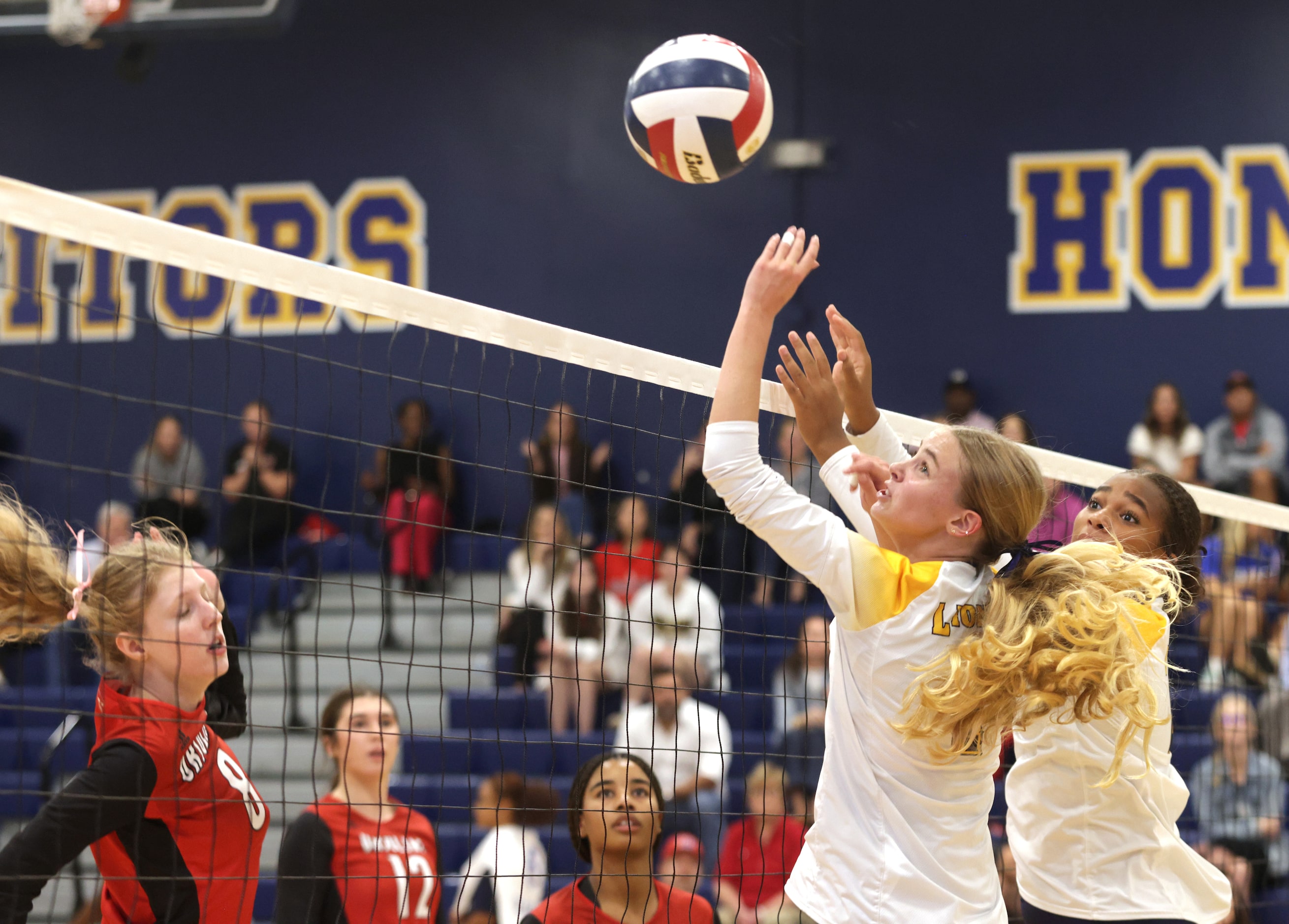 The ball slips past Prestonwood players #1 Anya Baklenko and #4 Nia Livings during the...