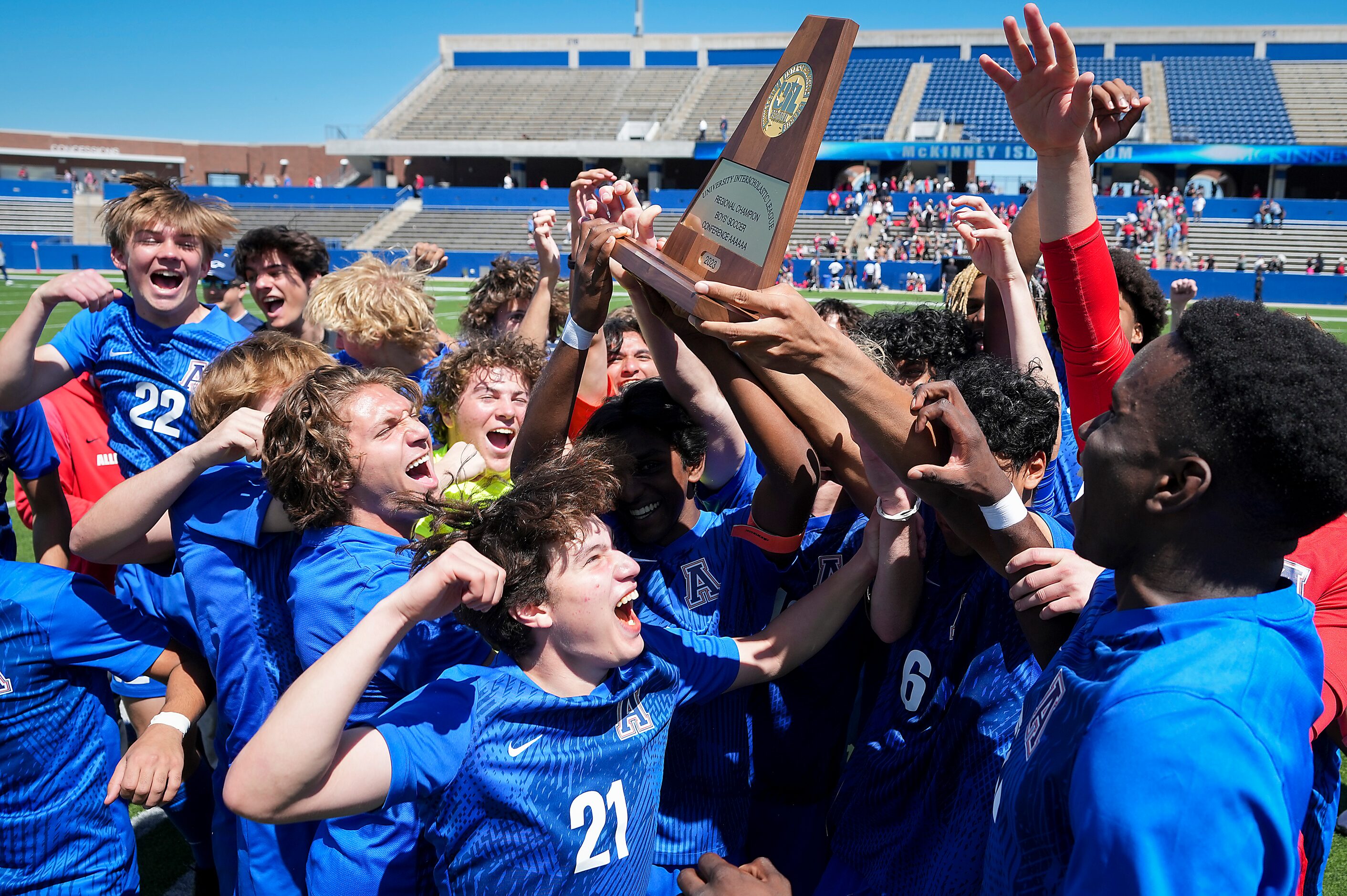 Allen players, including Alfonso Lopez  (21)  celebrate a shootout victory over Lake...