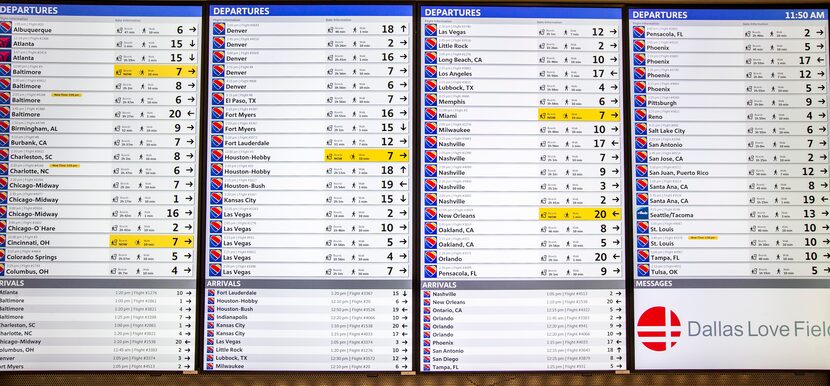 A departure board at Dallas Love Field.
