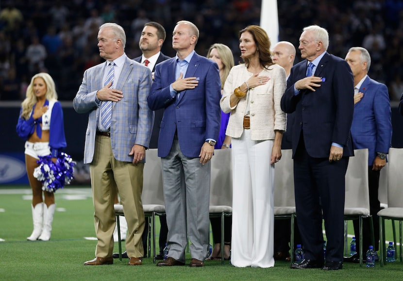 Stephen Jones (from left), Jerry Jones Jr., Charlotte Jones and Jerry Jones stood during the...