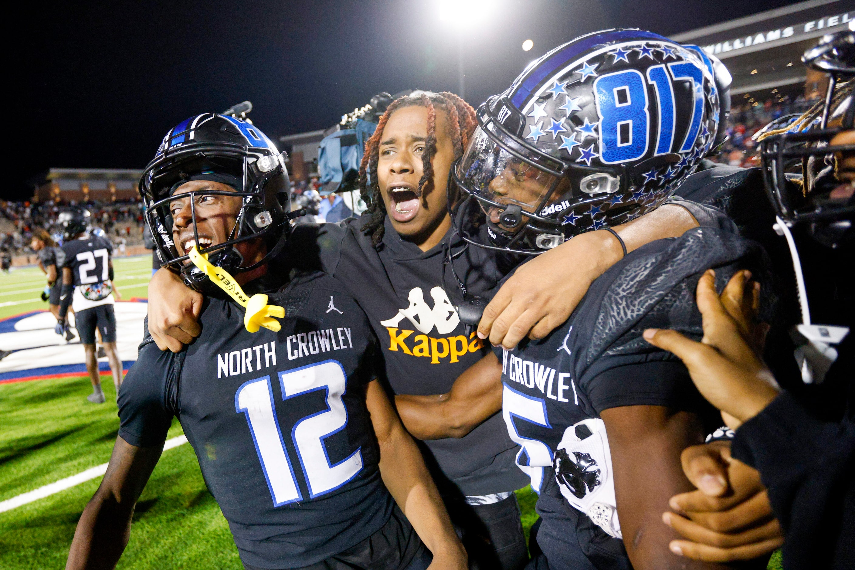 North Crowley quarterback Chris Jimerson Jr. (12) celebrates after winning a Class 6A...