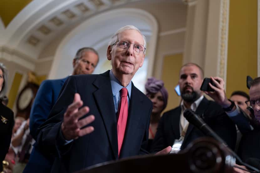 Senate Minority Leader Mitch McConnell, R-Ky., speaks to reporters after a closed-door GOP...
