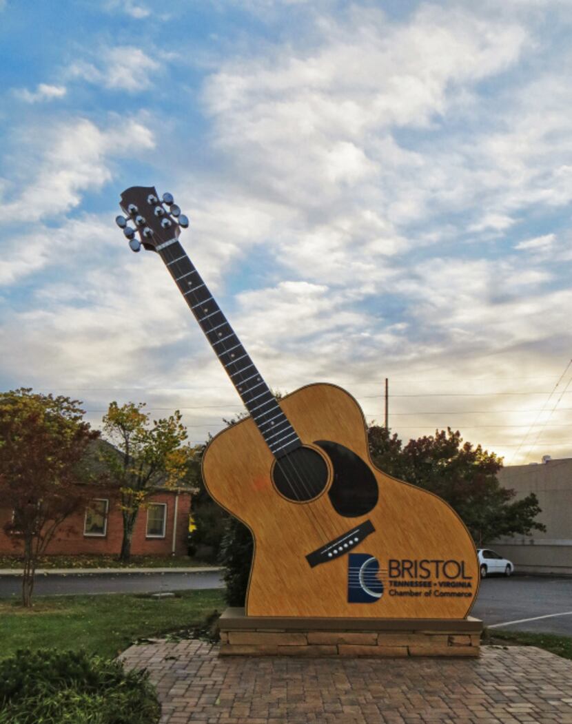 A super-sized guitar in Bristol, Tennessee, marks a patio that also serves as an outdoor...