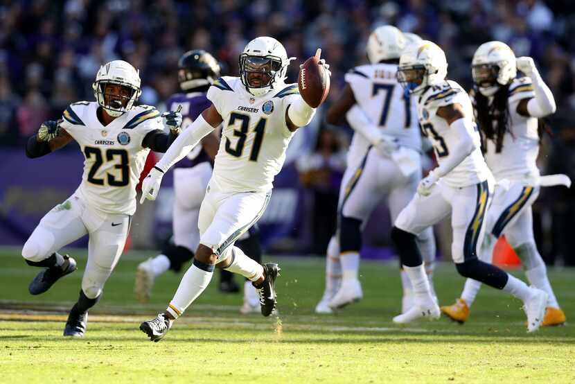 BALTIMORE, MARYLAND - JANUARY 06: Adrian Phillips #31 of the Los Angeles Chargers celebrates...