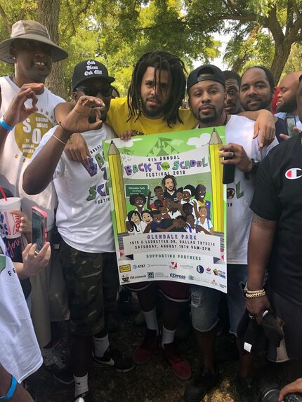 Rapper J.Cole surprises a small crowd at a back to school festival in Oak Cliff on Saturday,...