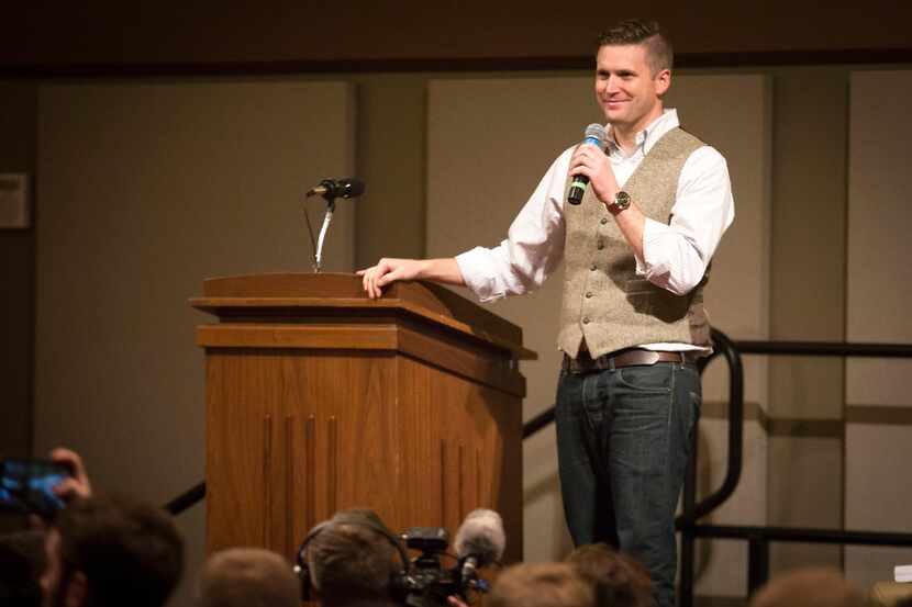 Richard Spencer speaks at the Memorial Student Center at Texas A&M University on Tuesday,...