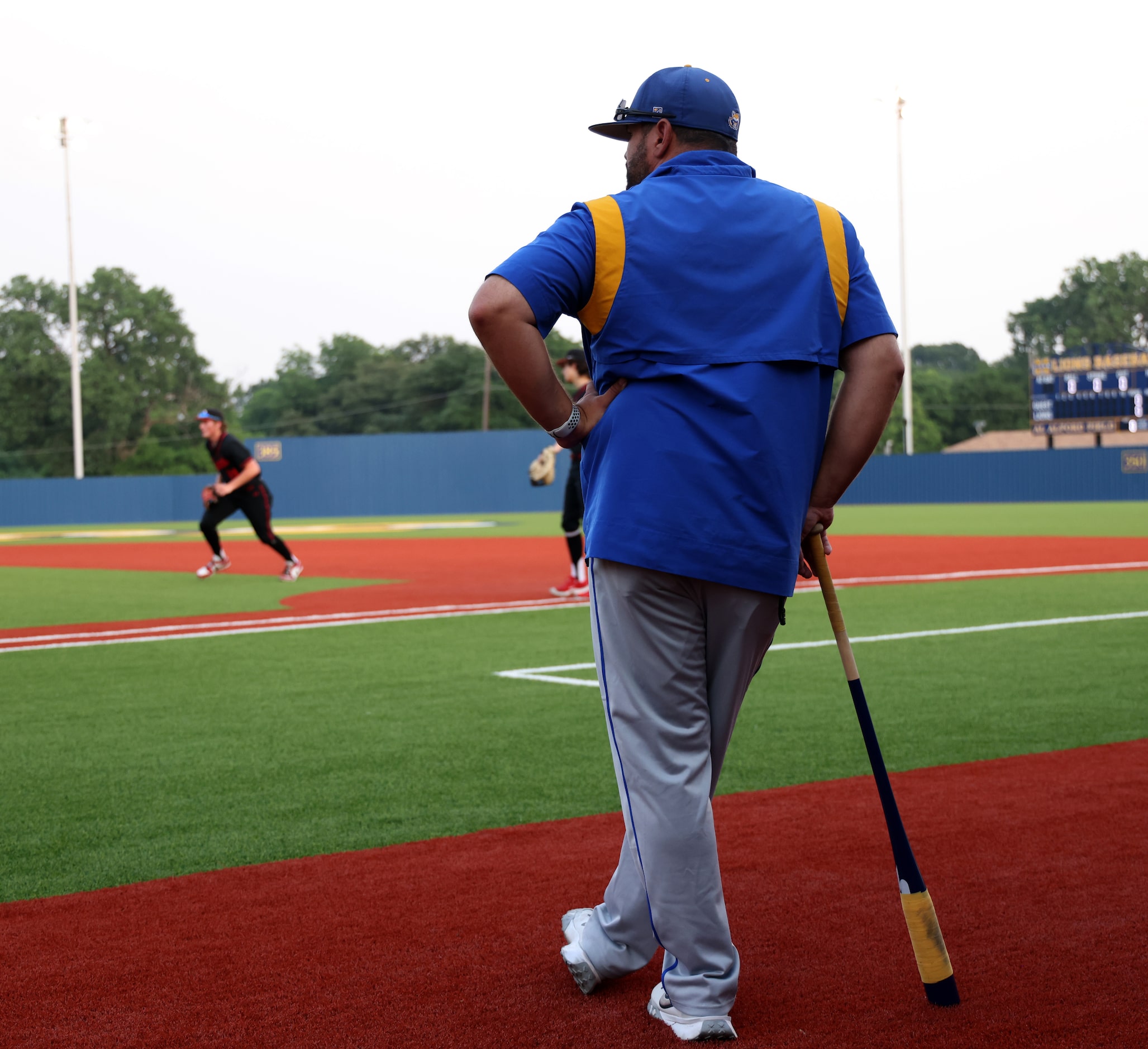 Frisco head coach Steven DeLaCerta awaits the opportunity to take the field for warm-ups...