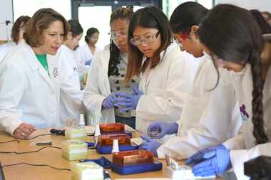 Northeast Texas Girl Scouts CEO Jennifer K. Bartkowski, left, watches as high school age...