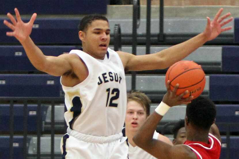 Dallas Jesuit's Christian Nwosu (12) made his presence known defensively as Galena Park...