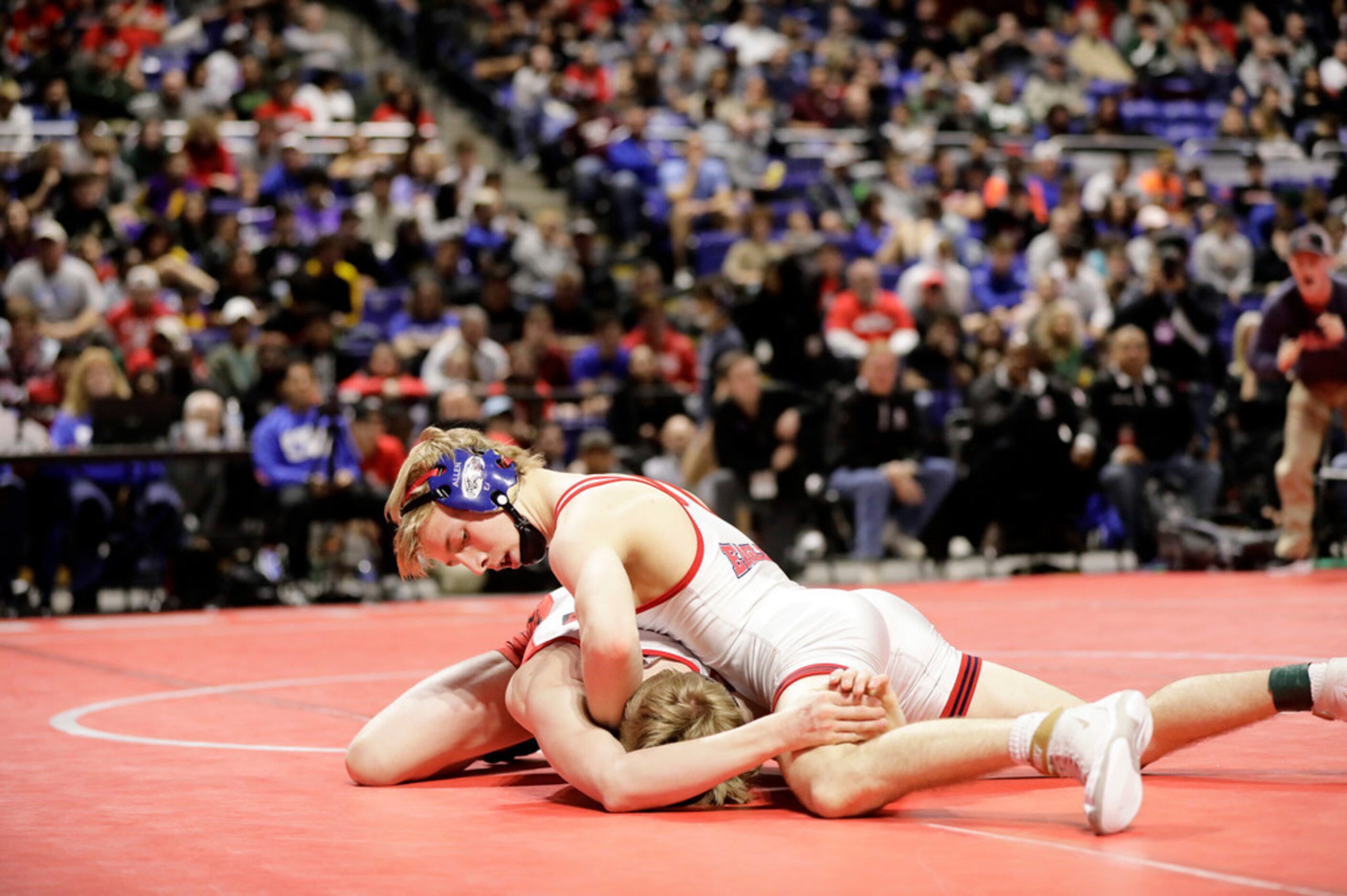 Braxton Brown of Allen wrestles during the UIL Texas State Wrestling Championships,...