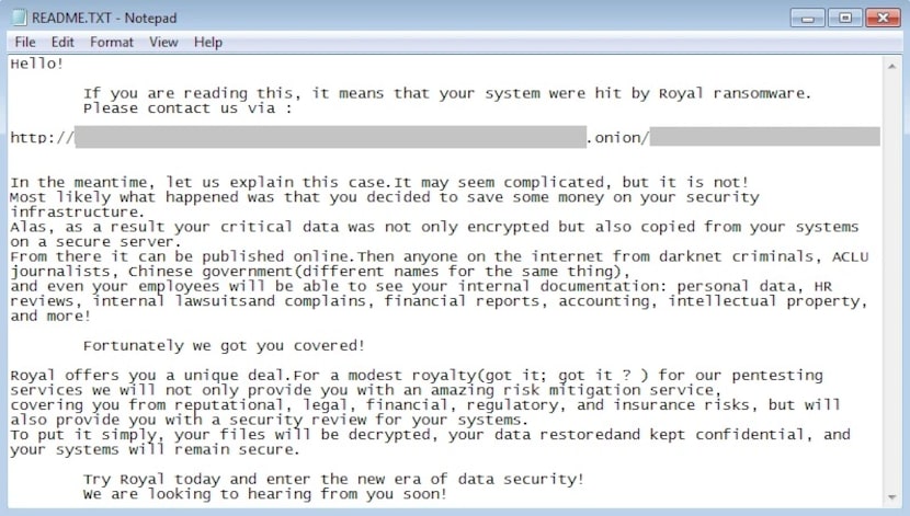 An example of how Royal Ransomware gives instructions to its victims.