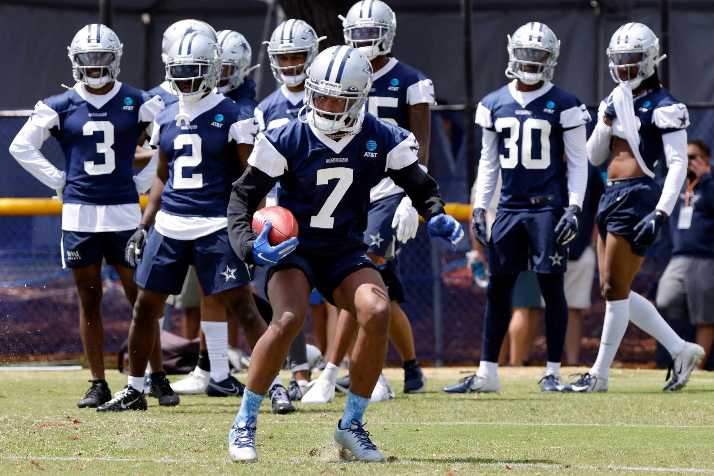 Dallas Cowboys cornerback Trevon Diggs (7) makes a move after catching a ball during the...