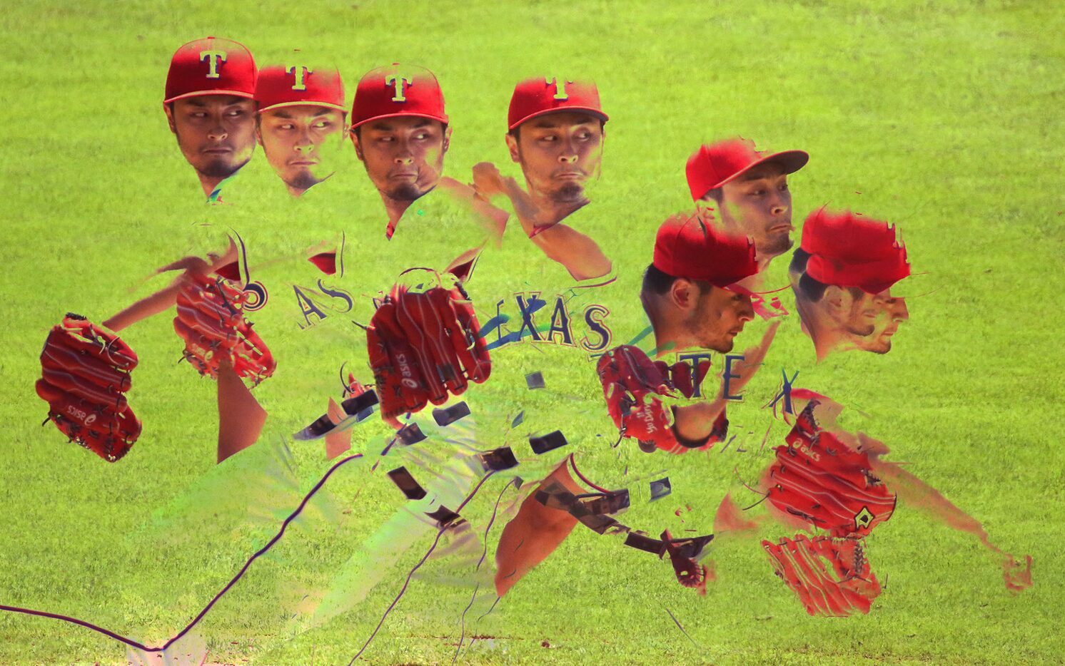 Texas Rangers starting pitcher Yu Darvish (11) is pictured in a multiple exposure in the...